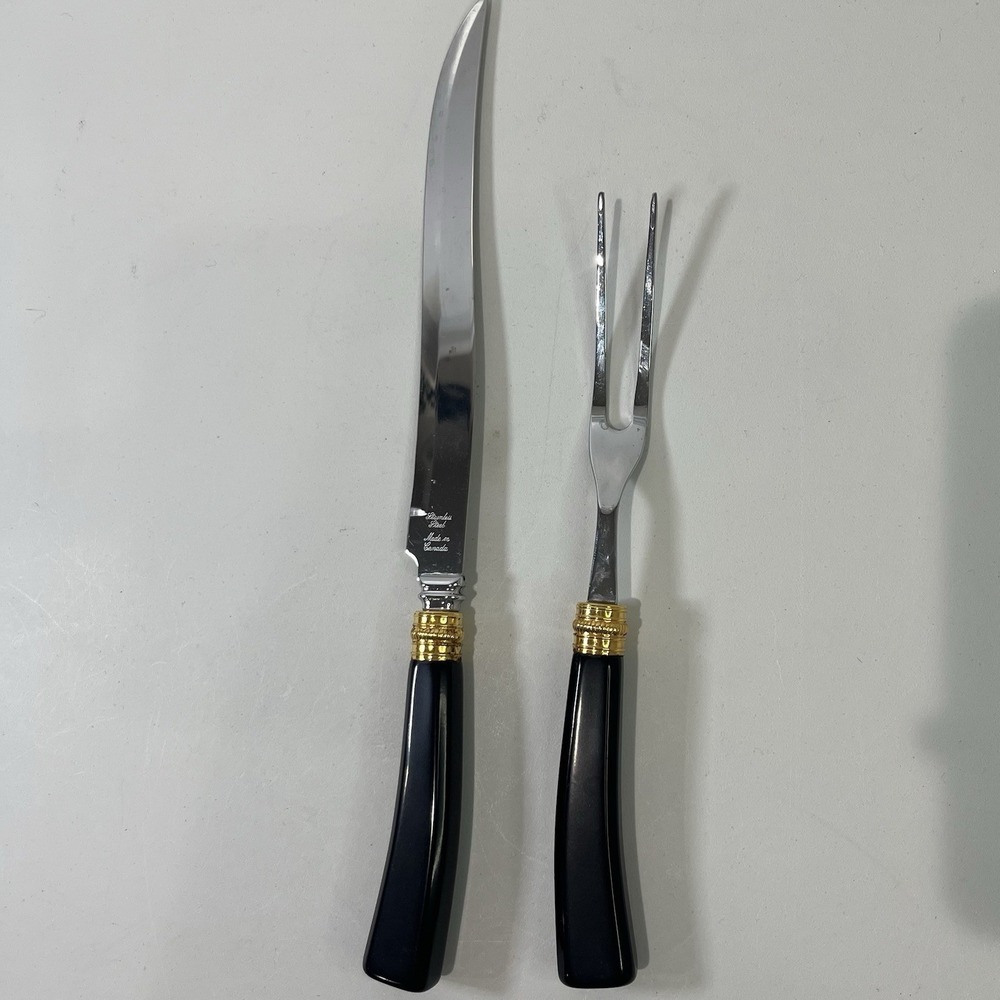 Vintage Glo Hill Carving Set Black Bakelite Gold Stainless Steel Utensils Canada